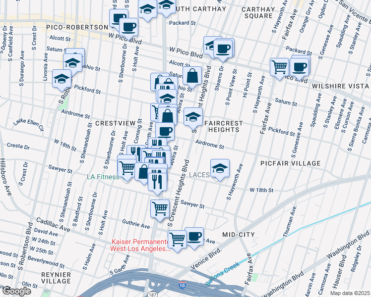 map of restaurants, bars, coffee shops, grocery stores, and more near 1742 South Crescent Heights Boulevard in Los Angeles