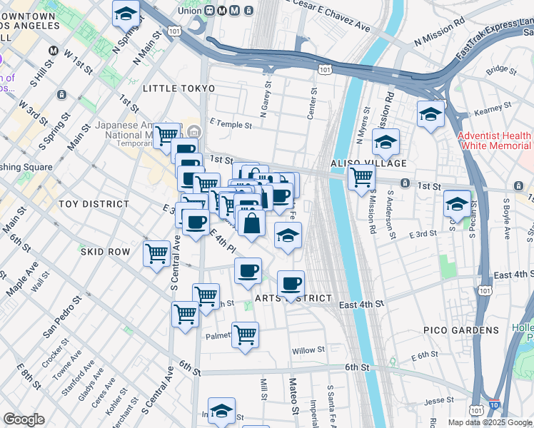map of restaurants, bars, coffee shops, grocery stores, and more near 923 East 3rd Street in Los Angeles