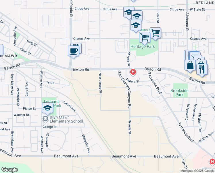 map of restaurants, bars, coffee shops, grocery stores, and more near 26744 Bermudez Street in Redlands