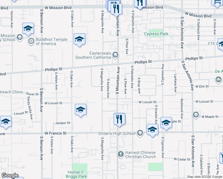 map of restaurants, bars, coffee shops, grocery stores, and more near 1115 West Eucalyptus Court in Ontario