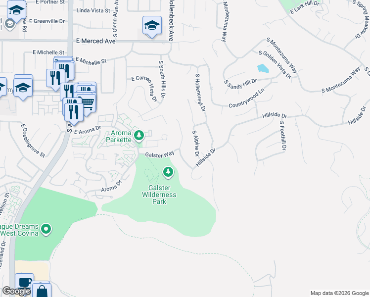 map of restaurants, bars, coffee shops, grocery stores, and more near 1557 Westridge Road in West Covina