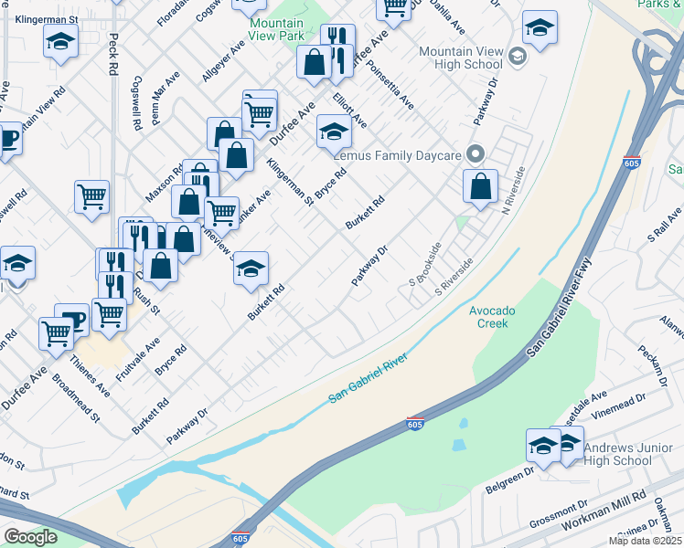 map of restaurants, bars, coffee shops, grocery stores, and more near 2327 Parkway Drive in El Monte