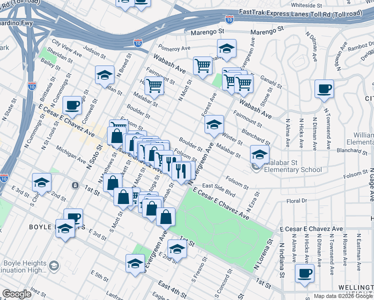 map of restaurants, bars, coffee shops, grocery stores, and more near 2825 Folsom Street in Los Angeles