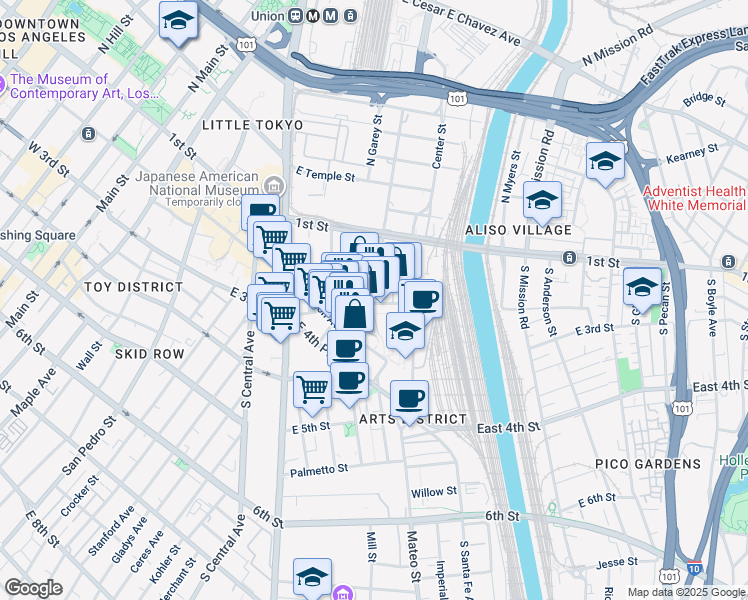 map of restaurants, bars, coffee shops, grocery stores, and more near 912 East 3rd Street in Los Angeles