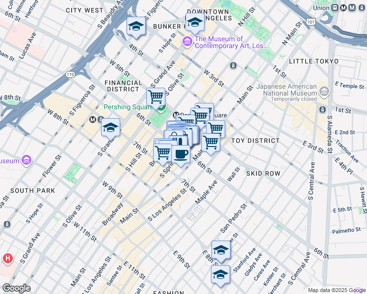 map of restaurants, bars, coffee shops, grocery stores, and more near 634 South Spring Street in Los Angeles