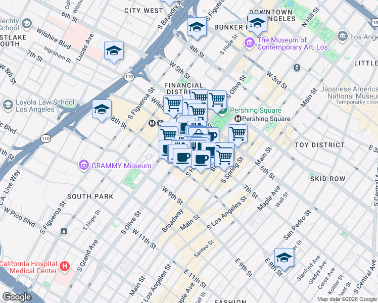 map of restaurants, bars, coffee shops, grocery stores, and more near 731S South Hill Street in Los Angeles