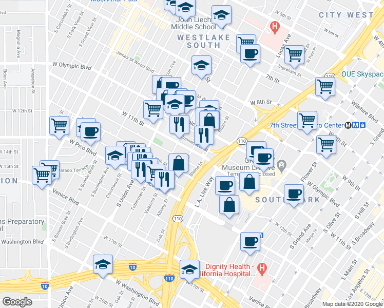 map of restaurants, bars, coffee shops, grocery stores, and more near 1331 West 11th Place in Los Angeles