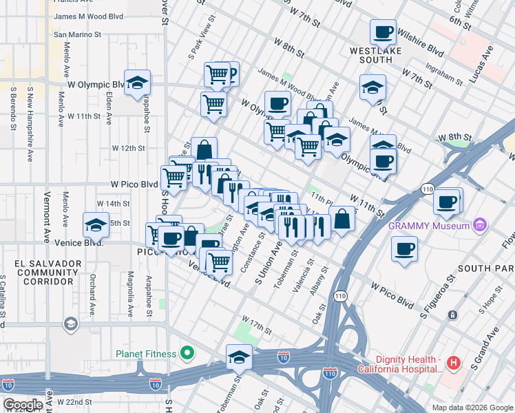 map of restaurants, bars, coffee shops, grocery stores, and more near 1707 West Pico Boulevard in Los Angeles
