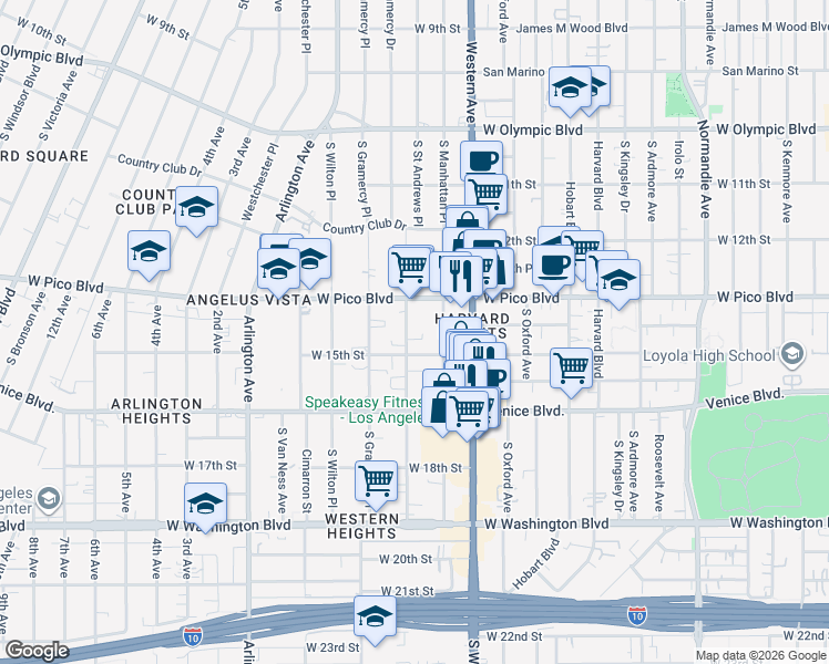 map of restaurants, bars, coffee shops, grocery stores, and more near 1422 South Saint Andrews Place in Los Angeles