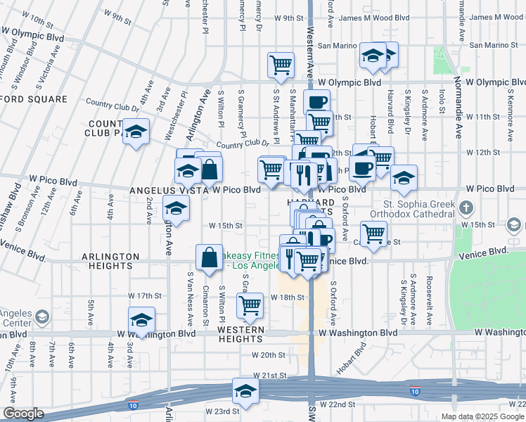 map of restaurants, bars, coffee shops, grocery stores, and more near 1414 South Gramercy Place in Los Angeles