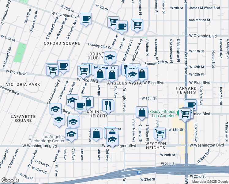 map of restaurants, bars, coffee shops, grocery stores, and more near 1513 2nd Avenue in Los Angeles