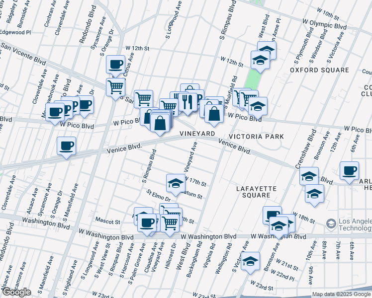 map of restaurants, bars, coffee shops, grocery stores, and more near 4603 Saint Charles Place in Los Angeles