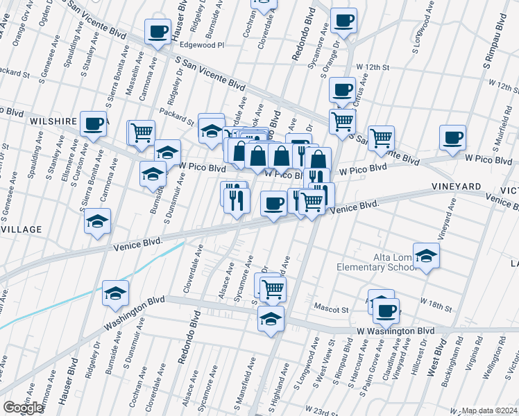 map of restaurants, bars, coffee shops, grocery stores, and more near 1528 South Sycamore Avenue in Los Angeles