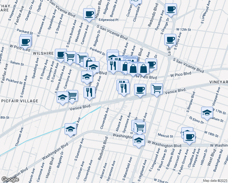 map of restaurants, bars, coffee shops, grocery stores, and more near 1533 Meadowbrook Avenue in Los Angeles