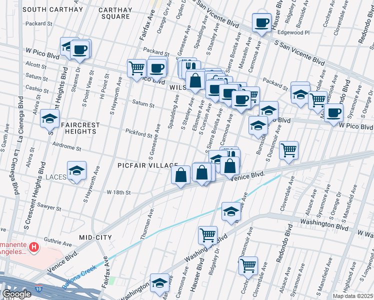 map of restaurants, bars, coffee shops, grocery stores, and more near 1633 Ellsmere Avenue in Los Angeles