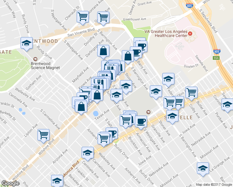 map of restaurants, bars, coffee shops, grocery stores, and more near 11861 Texas Avenue in Los Angeles