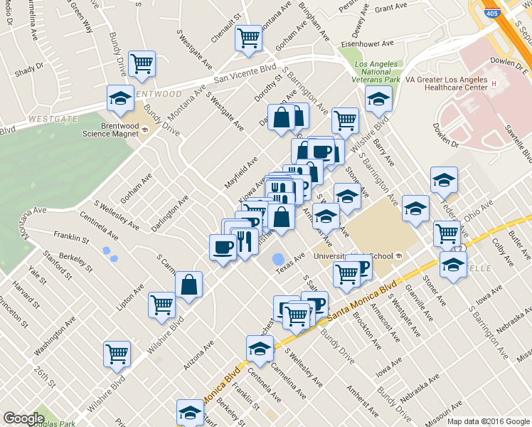 map of restaurants, bars, coffee shops, grocery stores, and more near 12036 Goshen Avenue in Los Angeles