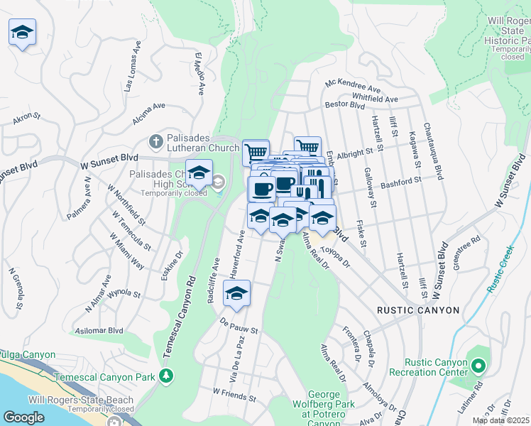 map of restaurants, bars, coffee shops, grocery stores, and more near 835 Vía De La Paz in Los Angeles