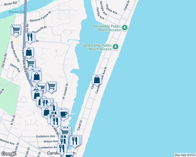 map of restaurants, bars, coffee shops, grocery stores, and more near 101 Seahorse Lane in Carolina Beach