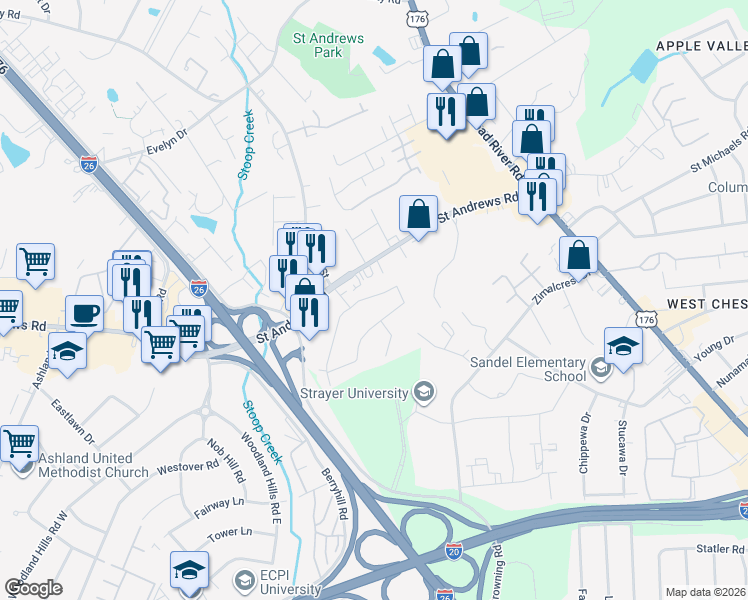 map of restaurants, bars, coffee shops, grocery stores, and more near 200 Chartwell Road in Columbia