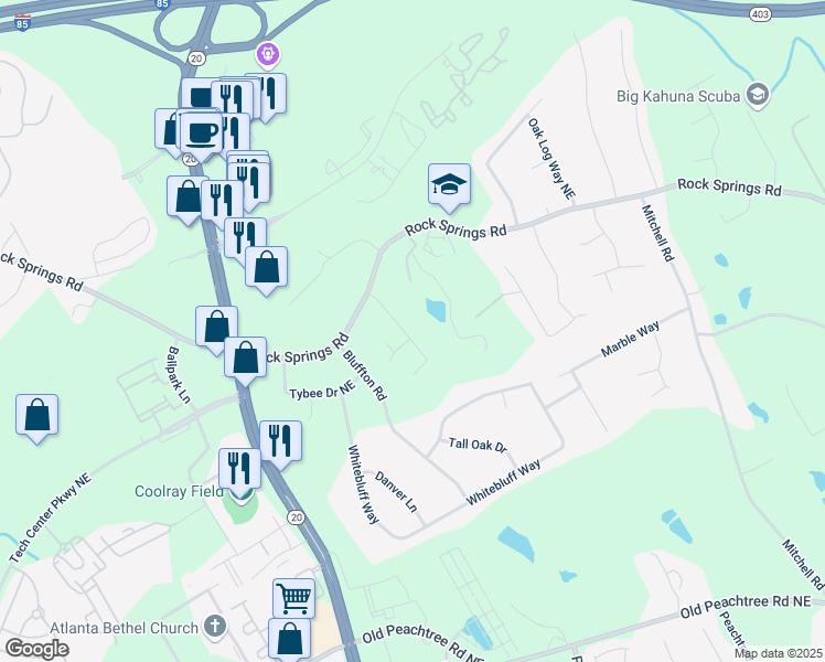 map of restaurants, bars, coffee shops, grocery stores, and more near 2643 Winslow Ridge Drive Northeast in Buford