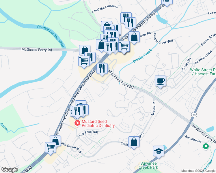 map of restaurants, bars, coffee shops, grocery stores, and more near 731 Sunset Park Drive in Suwanee