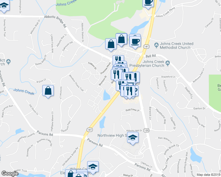 map of restaurants, bars, coffee shops, grocery stores, and more near 10825 Yorkwood Street in Johns Creek