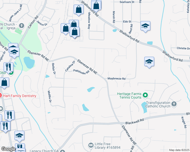 map of restaurants, bars, coffee shops, grocery stores, and more near 3909 Ebenezer Road Northeast in Marietta