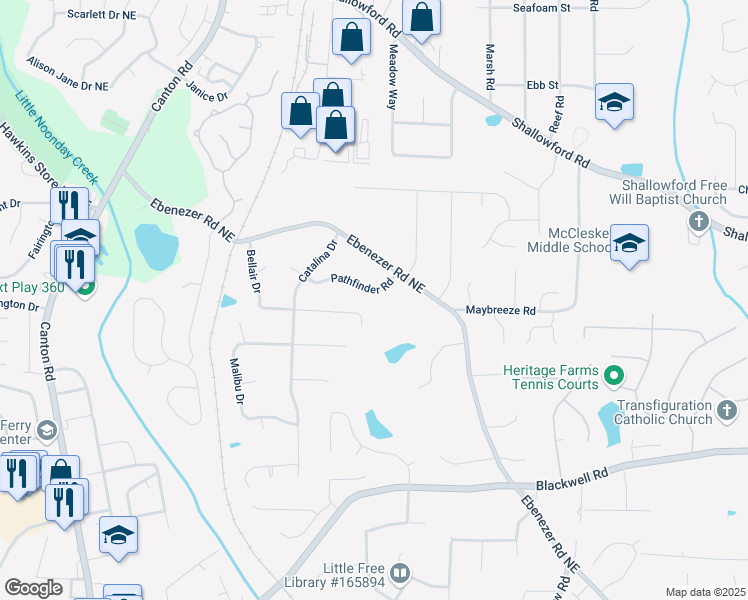 map of restaurants, bars, coffee shops, grocery stores, and more near 1192 Pathfinder Road in Marietta