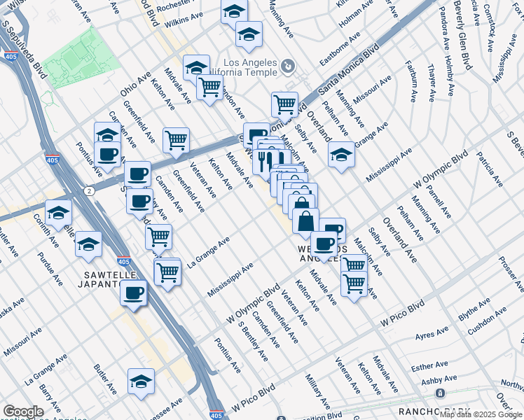 map of restaurants, bars, coffee shops, grocery stores, and more near 1955 Midvale Avenue in Los Angeles