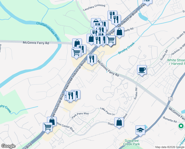 map of restaurants, bars, coffee shops, grocery stores, and more near 4016 McGinnis Ferry Road in Suwanee