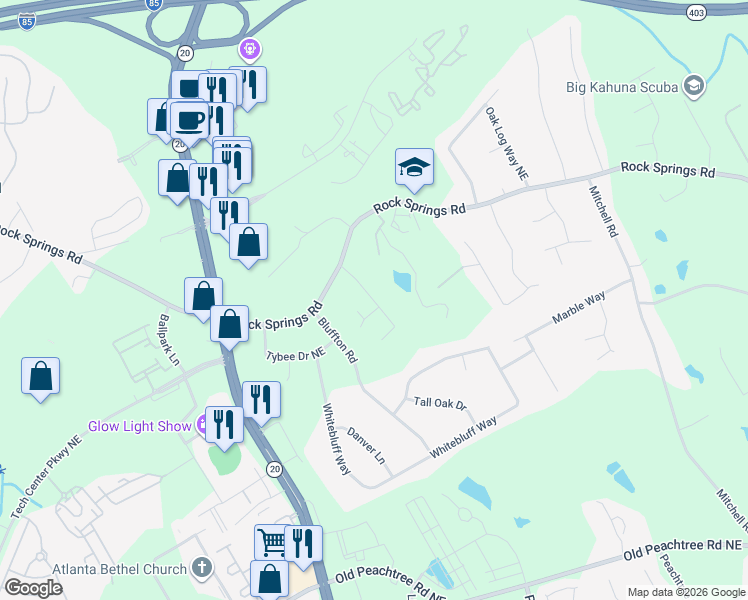 map of restaurants, bars, coffee shops, grocery stores, and more near 2644 Winslow Ridge Drive Northeast in Buford