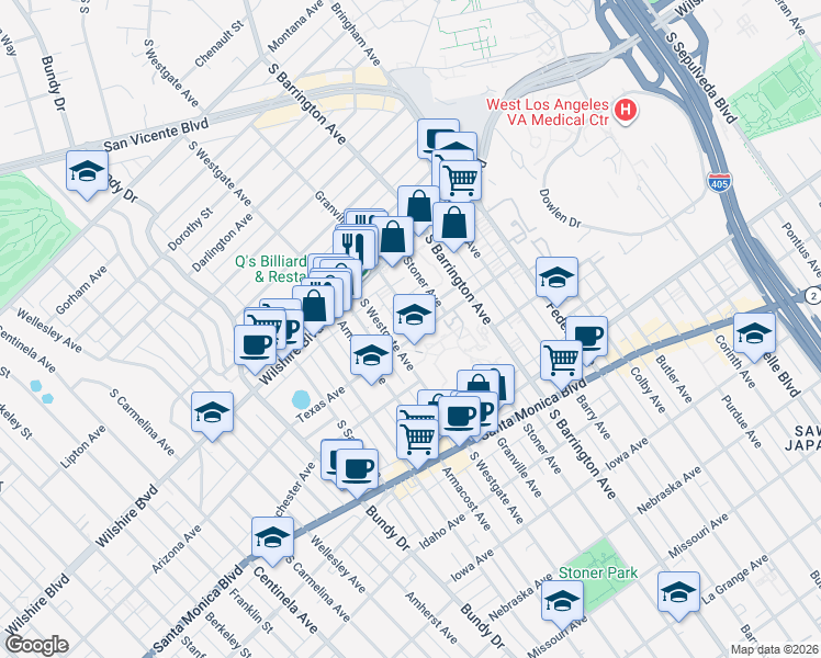 map of restaurants, bars, coffee shops, grocery stores, and more near 1271 Granville Avenue in Los Angeles