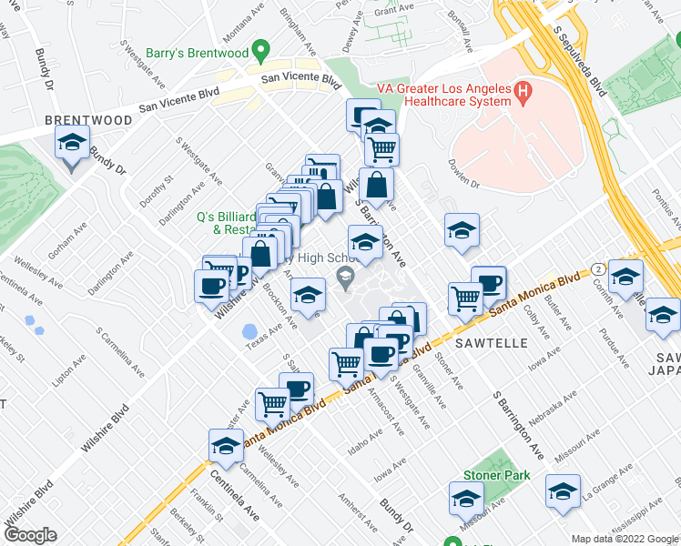 map of restaurants, bars, coffee shops, grocery stores, and more near 11800 Texas Avenue in Los Angeles