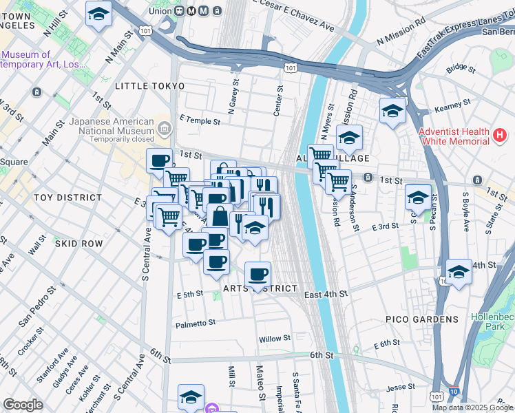 map of restaurants, bars, coffee shops, grocery stores, and more near 255 South Santa Fe Avenue in Los Angeles