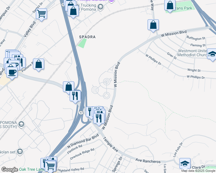 map of restaurants, bars, coffee shops, grocery stores, and more near 400 Appian Way in Pomona