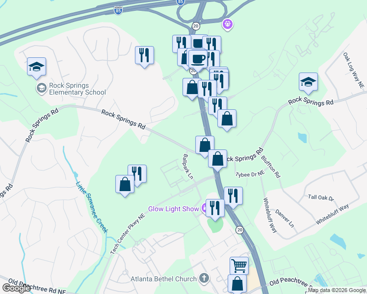 map of restaurants, bars, coffee shops, grocery stores, and more near 1160 Rock Springs Road in Lawrenceville