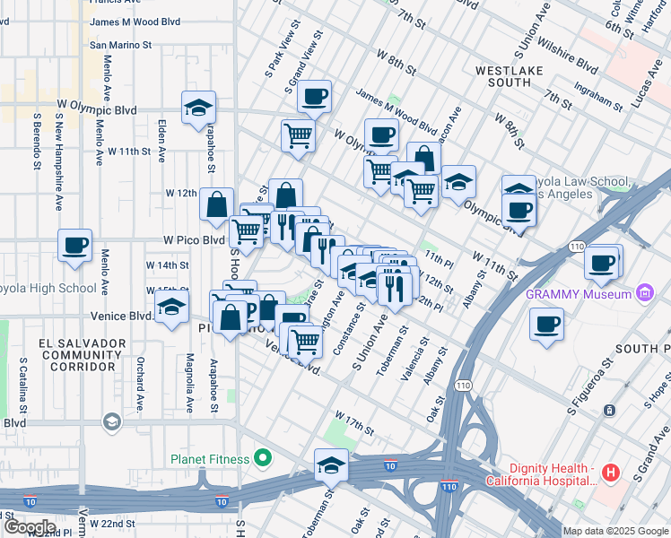 map of restaurants, bars, coffee shops, grocery stores, and more near 1810 West Pico Boulevard in Los Angeles