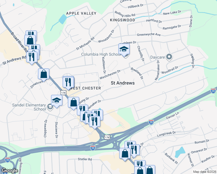 map of restaurants, bars, coffee shops, grocery stores, and more near 125 Saint Andrews Place Drive in Columbia