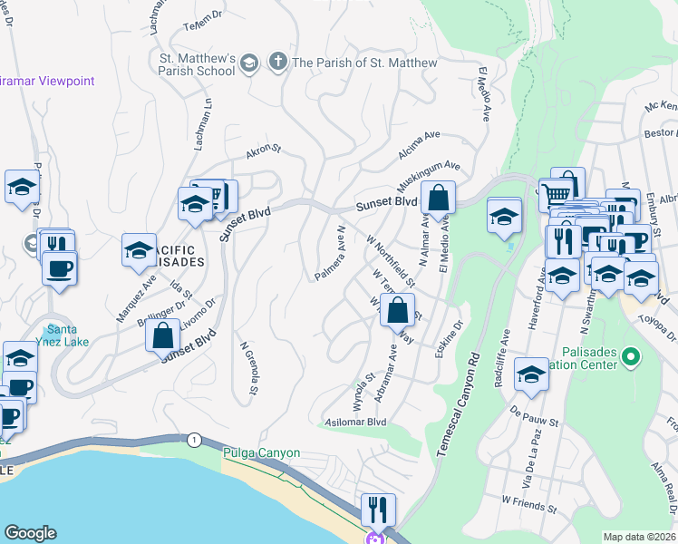 map of restaurants, bars, coffee shops, grocery stores, and more near 630 Palmera Avenue North in Los Angeles