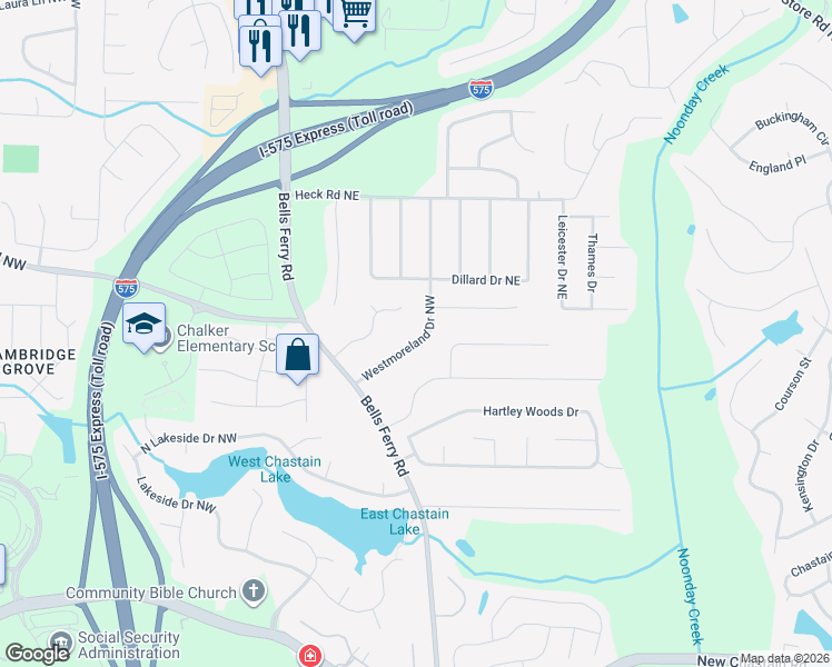 map of restaurants, bars, coffee shops, grocery stores, and more near 3811 Crestmore Drive Northeast in Kennesaw