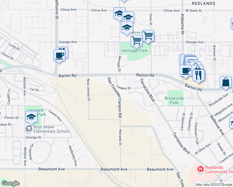 map of restaurants, bars, coffee shops, grocery stores, and more near 26880 Bermudez Street in Redlands