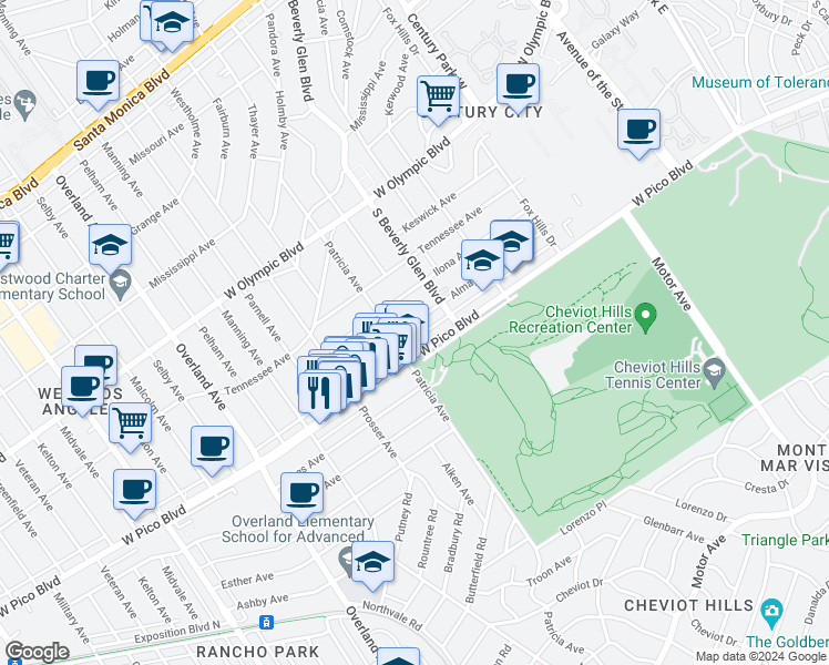 map of restaurants, bars, coffee shops, grocery stores, and more near 10456 Almayo Avenue in Los Angeles