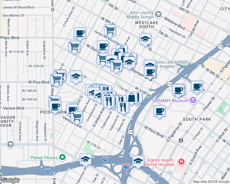 map of restaurants, bars, coffee shops, grocery stores, and more near 1543 2/5 West 12th Street in Los Angeles