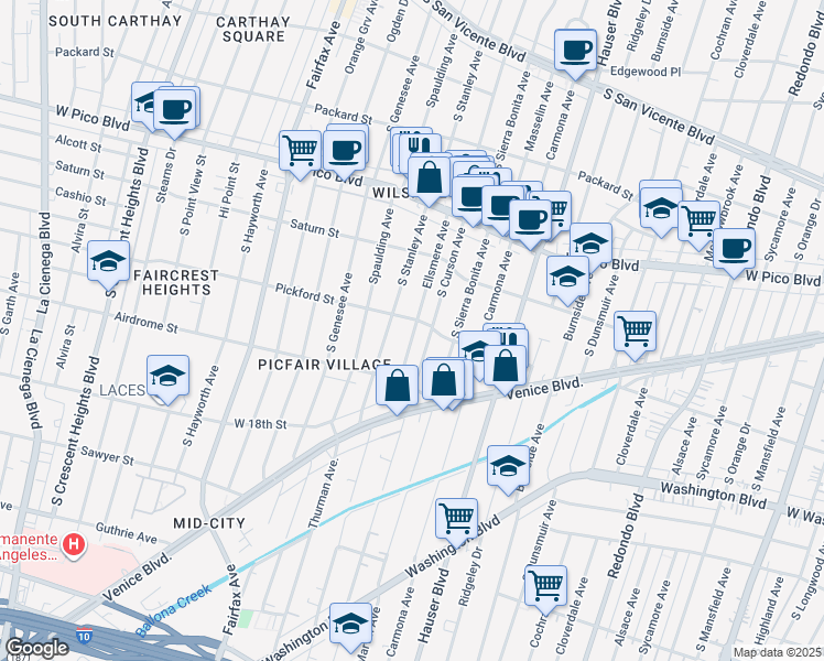 map of restaurants, bars, coffee shops, grocery stores, and more near 1633 Ellsmere Avenue in Los Angeles