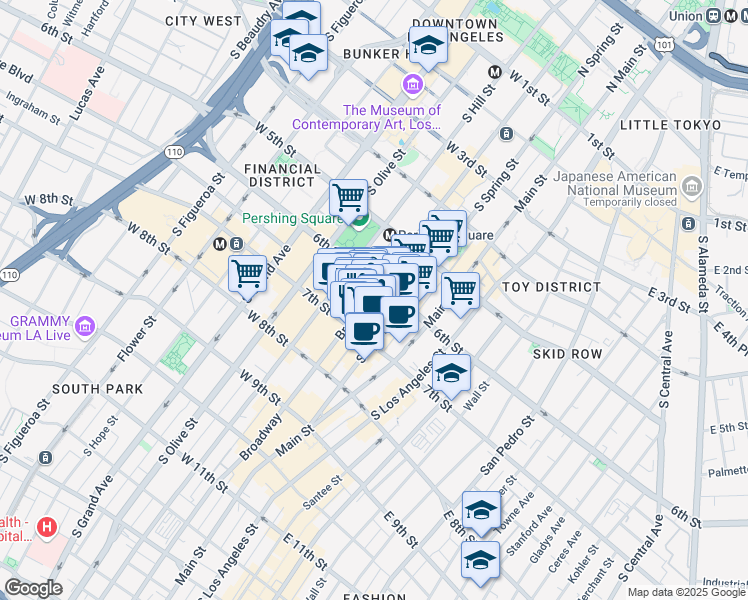 map of restaurants, bars, coffee shops, grocery stores, and more near 640 South Broadway in Los Angeles