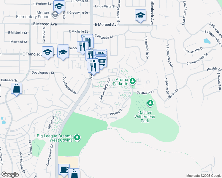 map of restaurants, bars, coffee shops, grocery stores, and more near 2002 Choctaw in West Covina