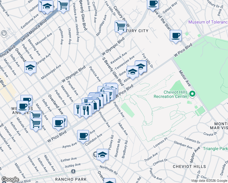 map of restaurants, bars, coffee shops, grocery stores, and more near 10456 Almayo Avenue in Los Angeles
