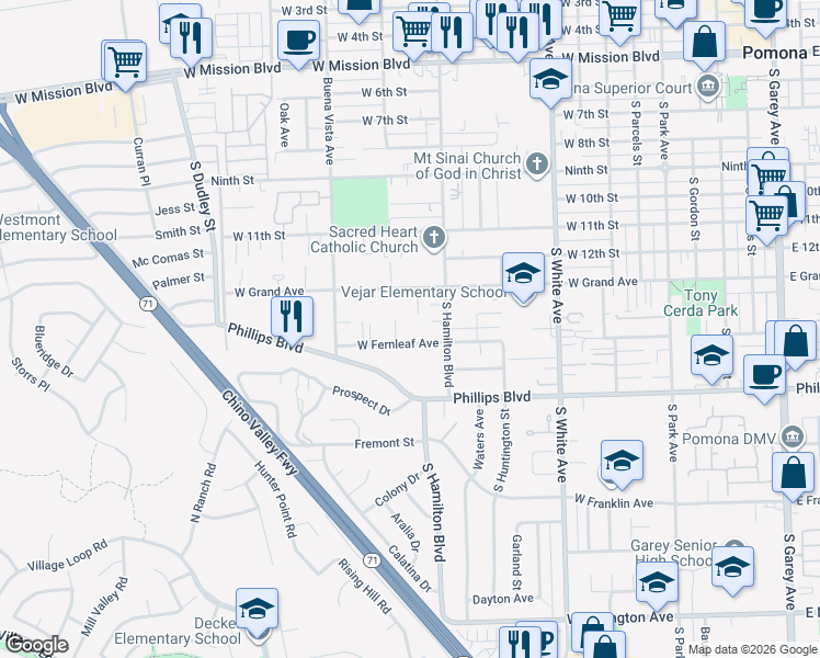 map of restaurants, bars, coffee shops, grocery stores, and more near 1165 West Fernleaf Avenue in Pomona
