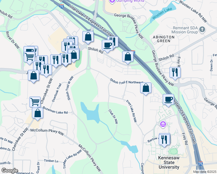 map of restaurants, bars, coffee shops, grocery stores, and more near 3796 Club Dr NW in Kennesaw